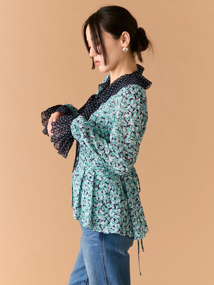 LILY BROWN「バイカラーフラワープリントボウタイブラウス」|シャツ・ブラウス|