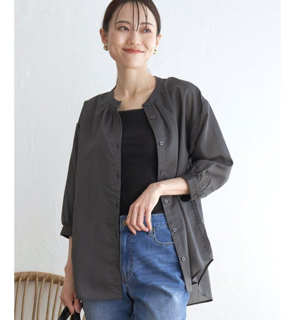 ikka「シアストライプバンドカラーシャツ」|シャツ・ブラウス|