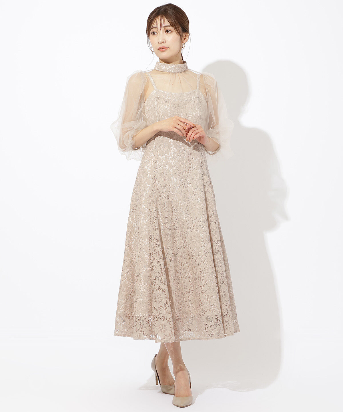 アンドクチュール「チュールブラウスレイヤーレースドレス」|ドレス|ベージュ