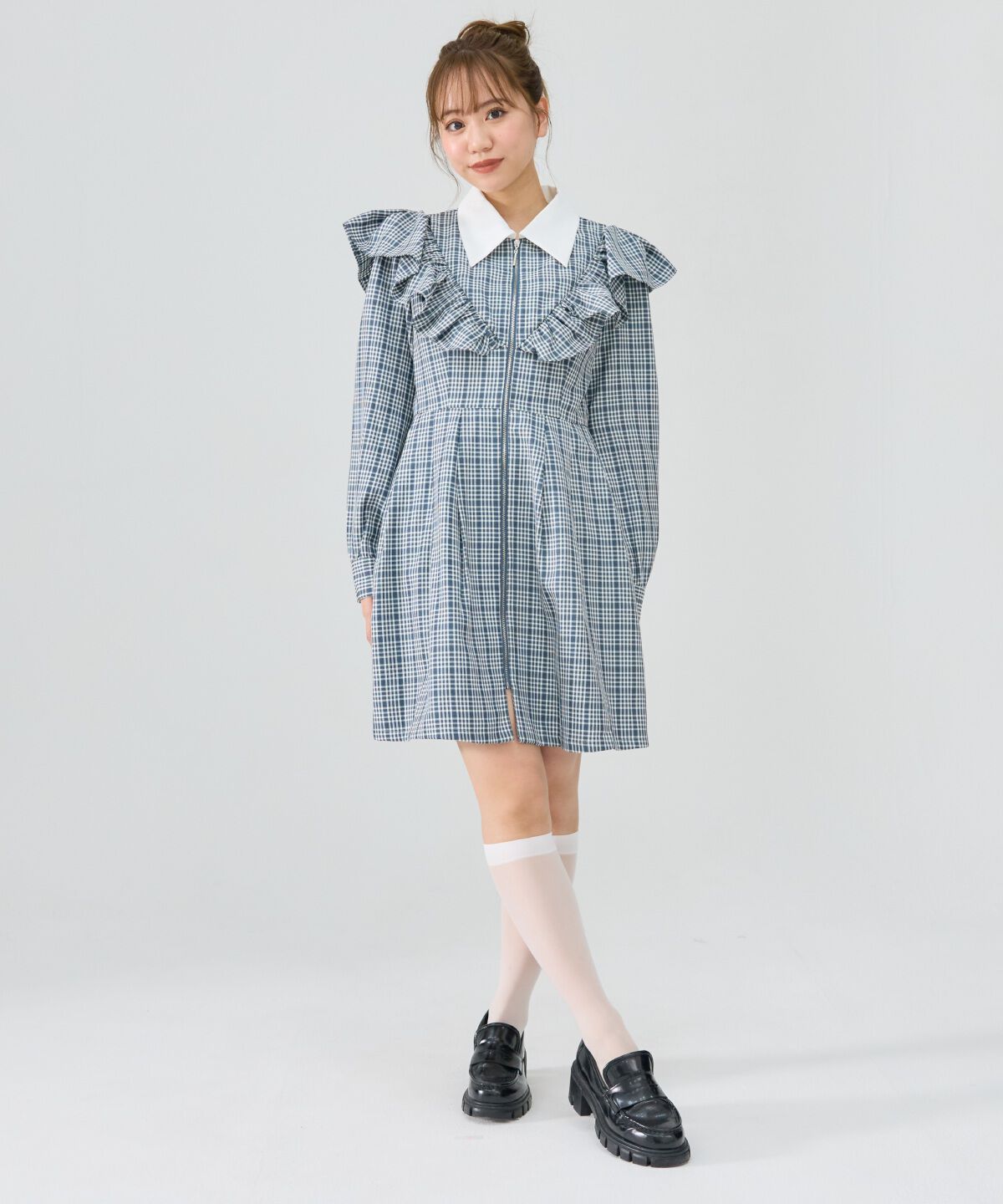 REDYAZEL「チェックフロントジップフリルミニシャツワンピース」|ワンピース|