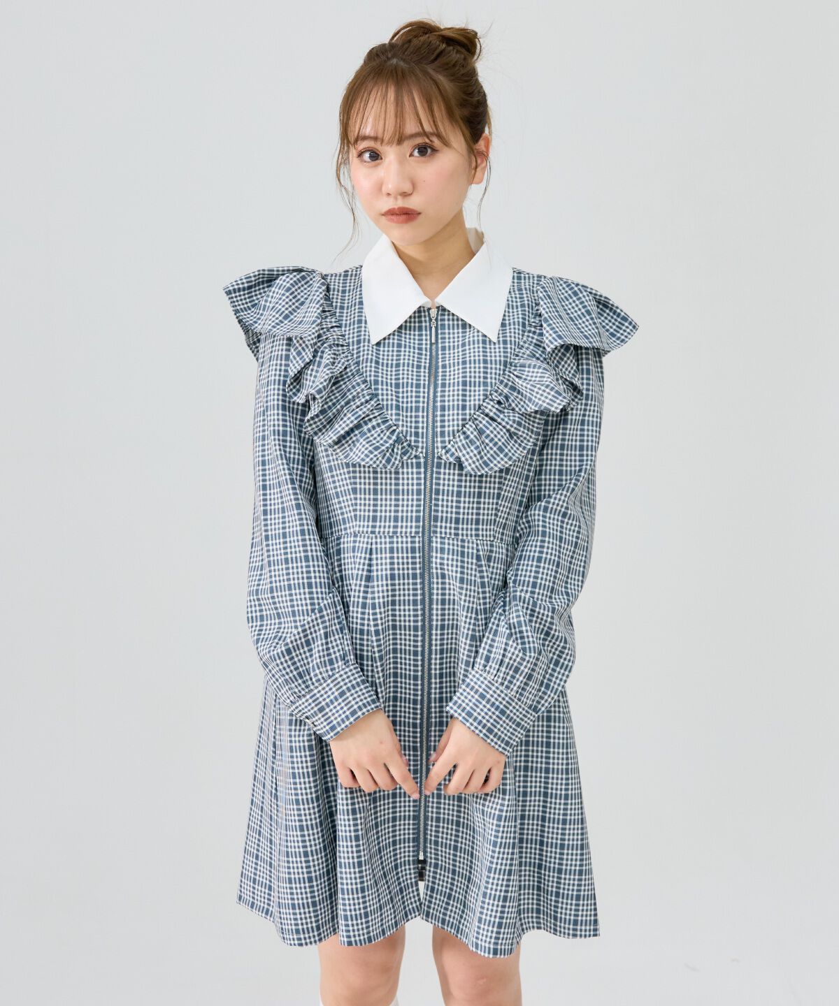 REDYAZEL「チェックフロントジップフリルミニシャツワンピース」|ワンピース|