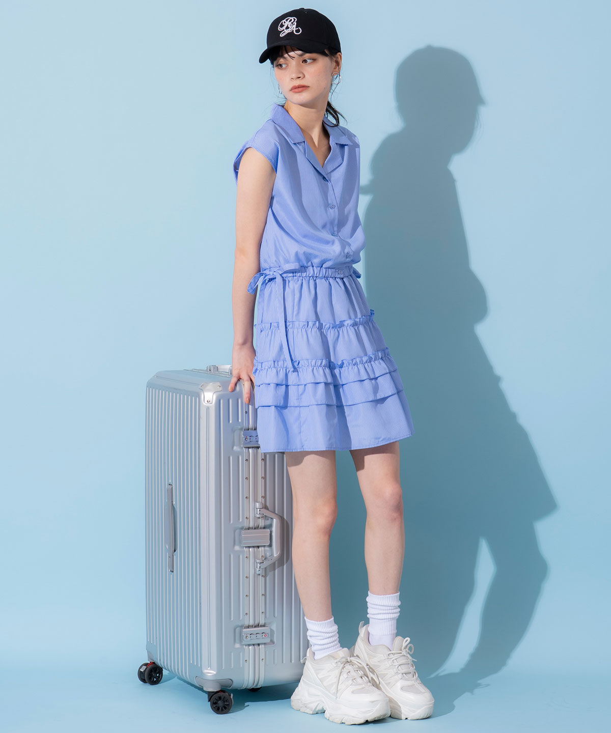 REDYAZEL「ストライプブラウス&times;ティアードスカートセットアップ」|ワンピース|サックス