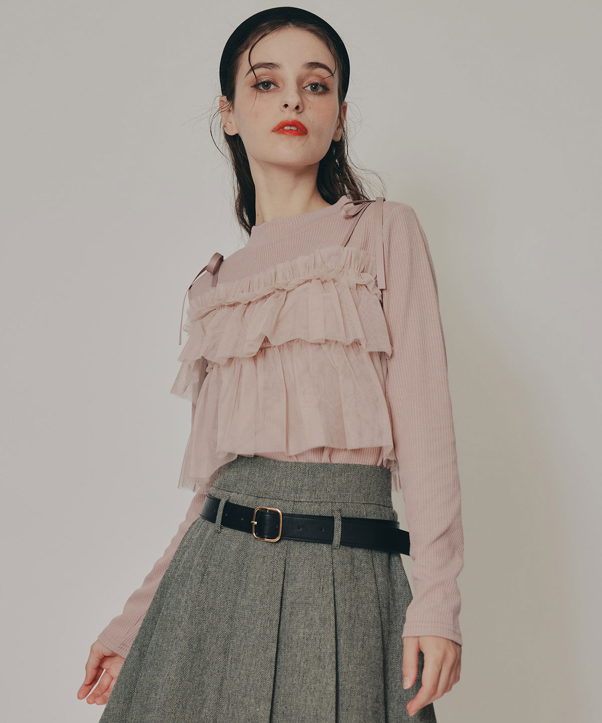 REDYAZEL「リボンチュールフリルビスチェニットトップス」|ニット・セーター|ピンク