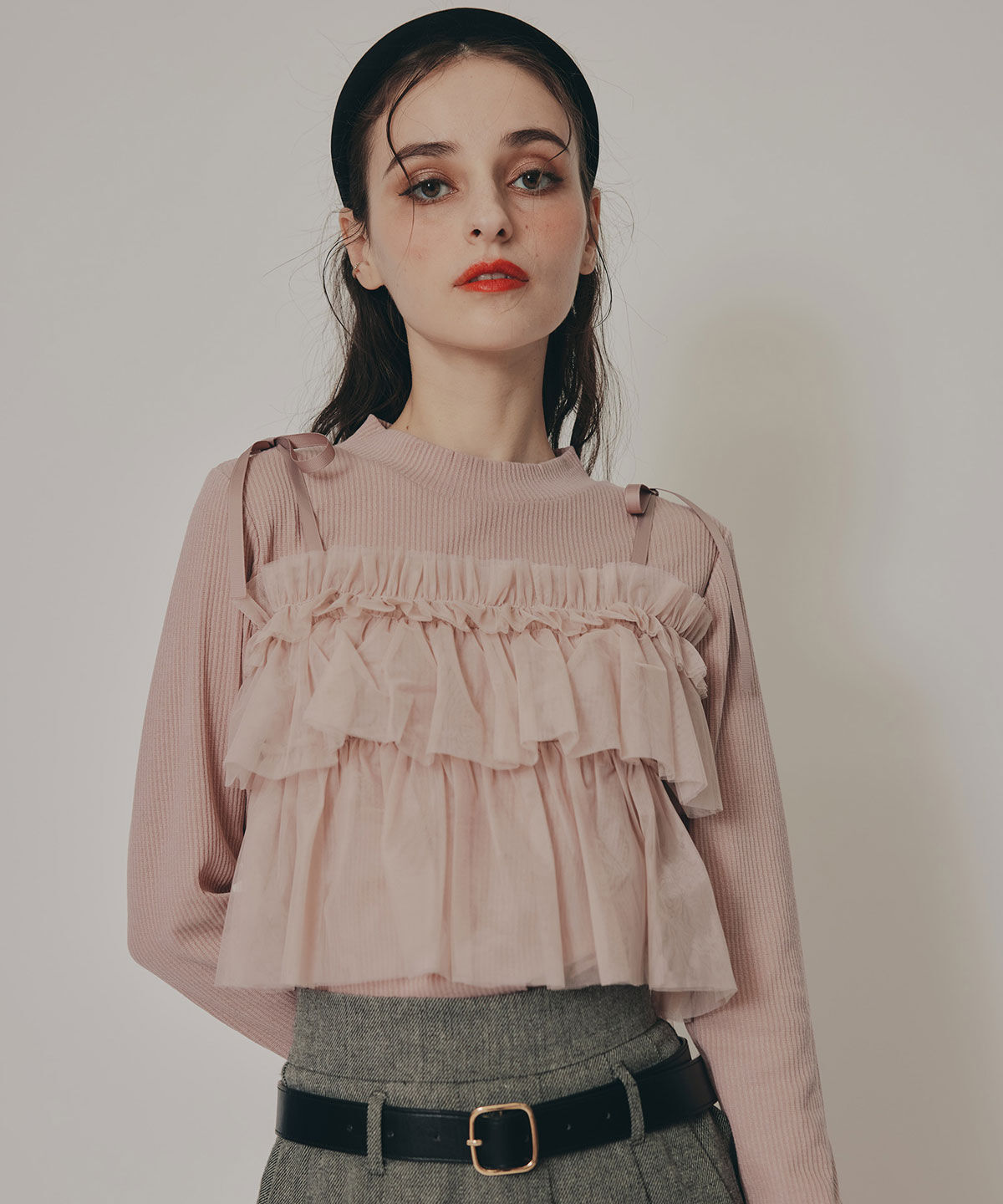 REDYAZEL「リボンチュールフリルビスチェニットトップス」|ニット・セーター|