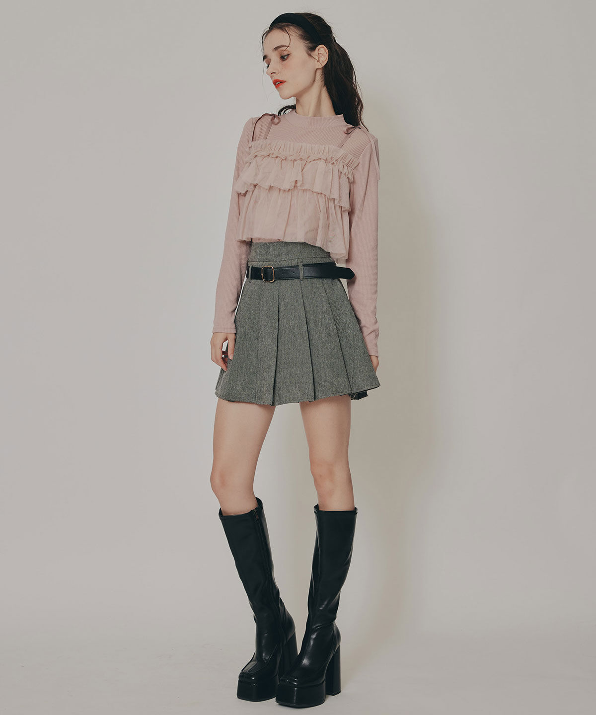 REDYAZEL「リボンチュールフリルビスチェニットトップス」|ニット・セーター|