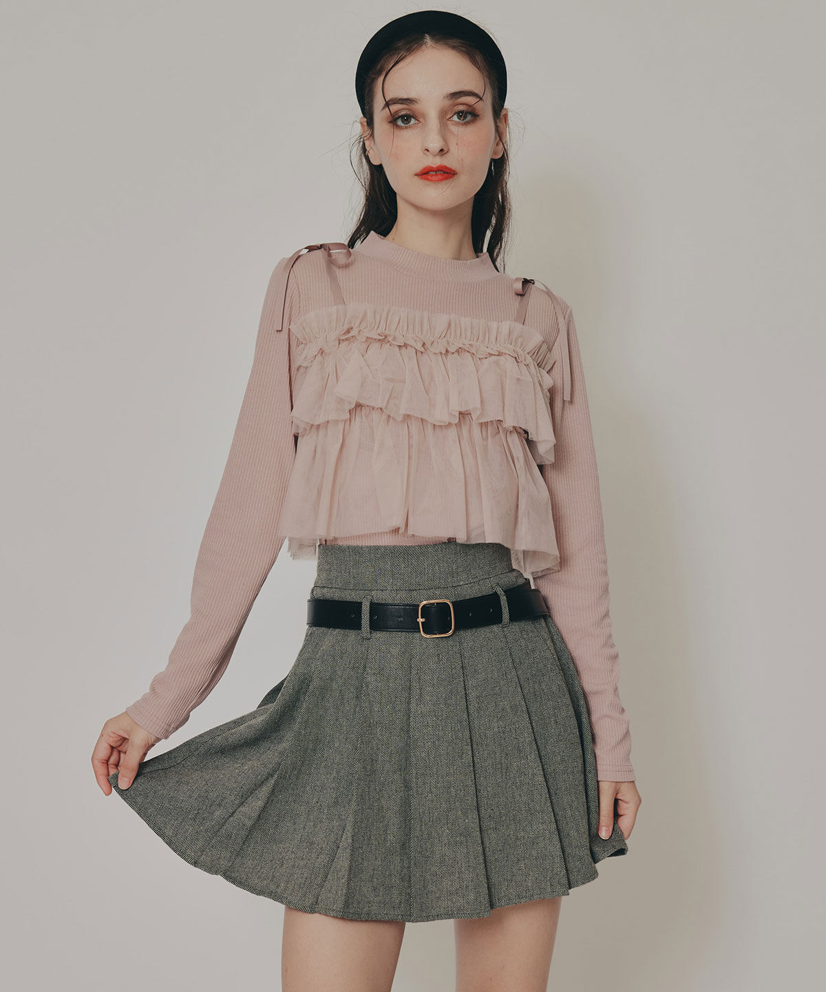 REDYAZEL「リボンチュールフリルビスチェニットトップス」|ニット・セーター|