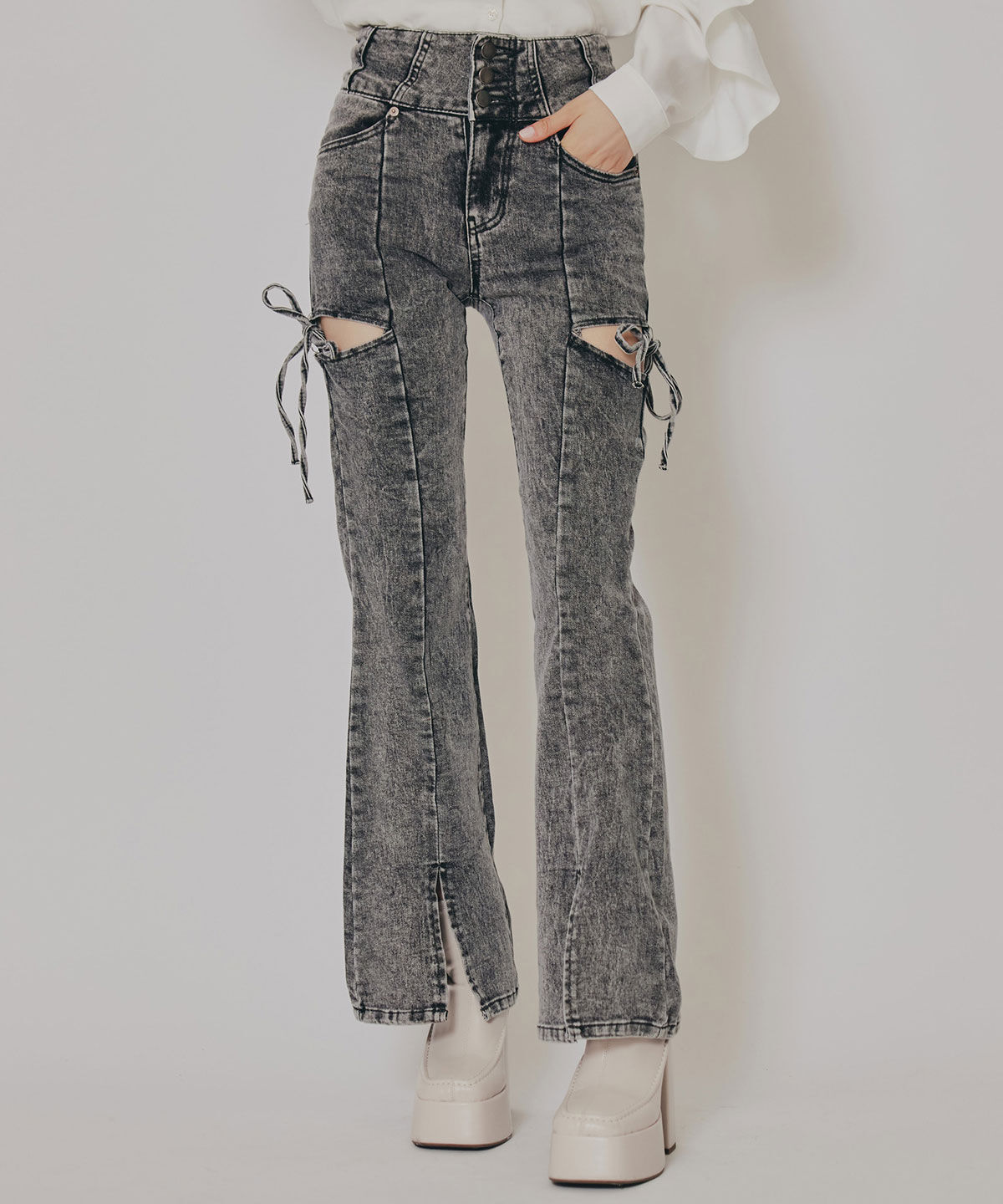 REDYAZEL「カットアウトリボンストレッチデニム」|デニム|ライトグレー