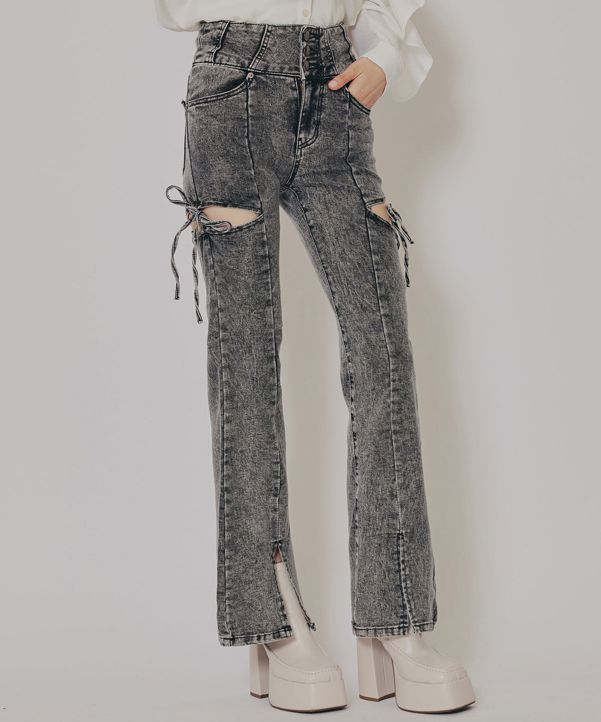 REDYAZEL「カットアウトリボンストレッチデニム」|デニム|