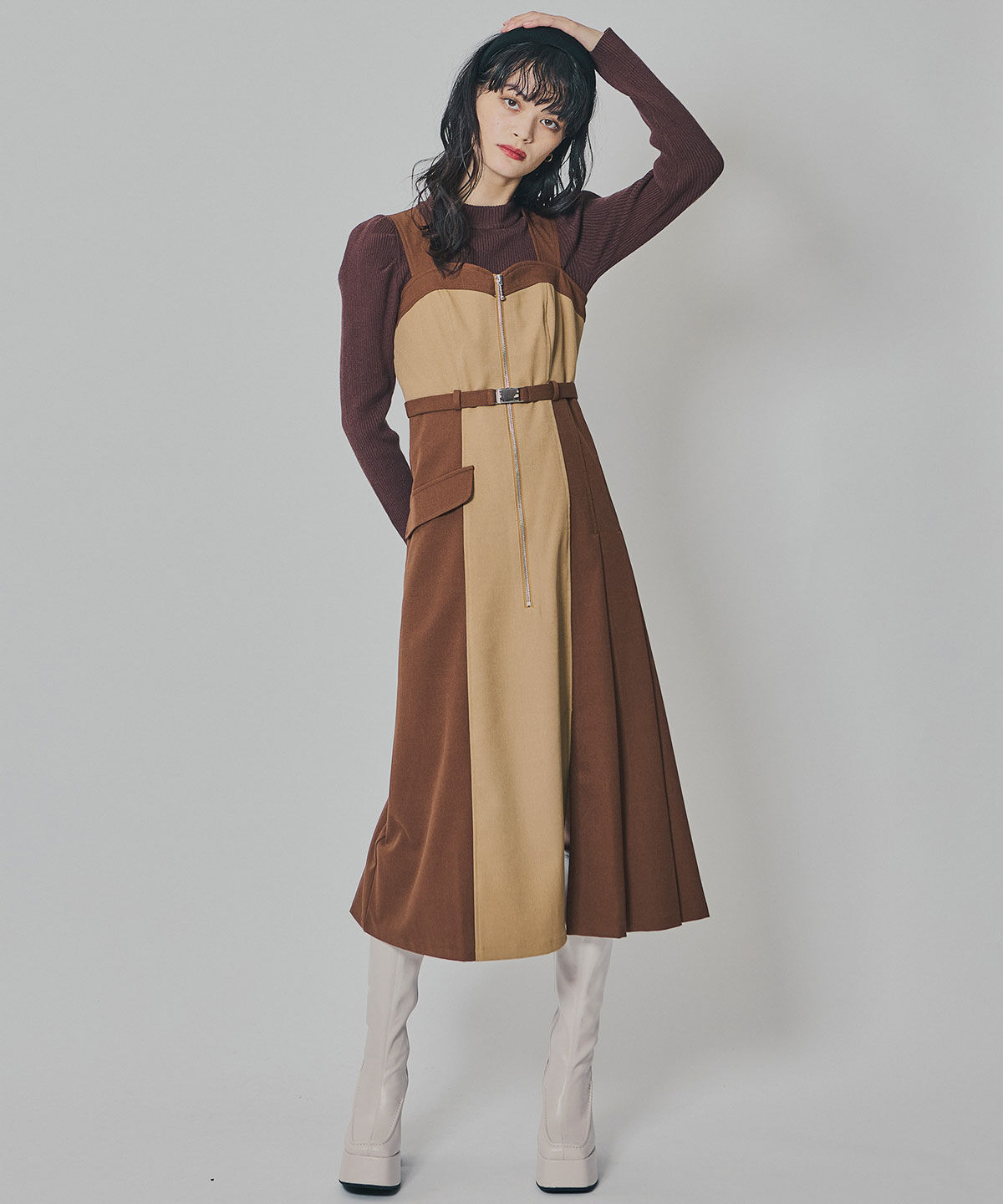 REDYAZEL「フロントジップバイカラージャンスカ」|ワンピース|キャメル