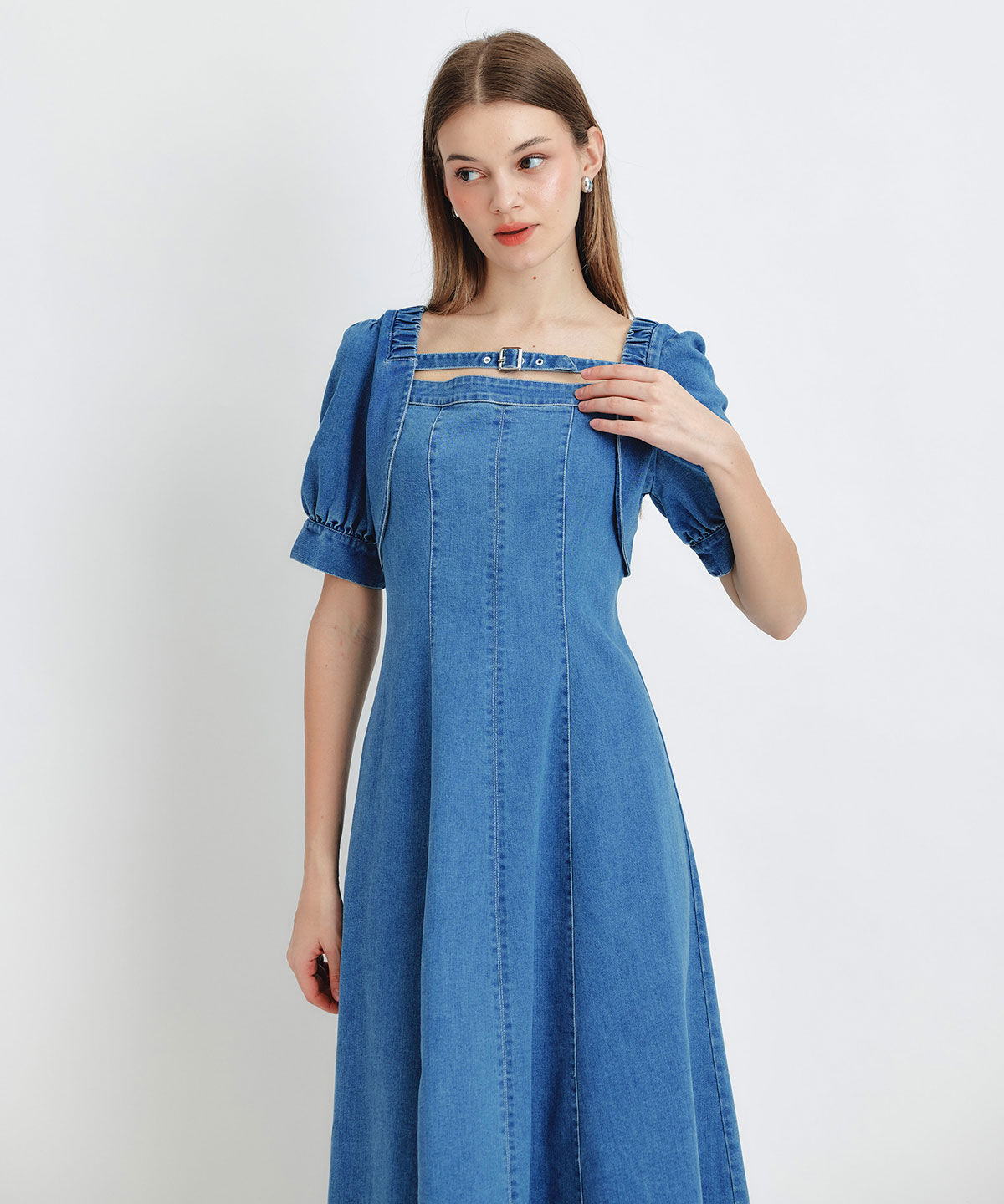 REDYAZEL「デコルテベルトデニムフレアロングワンピース」|ワンピース|