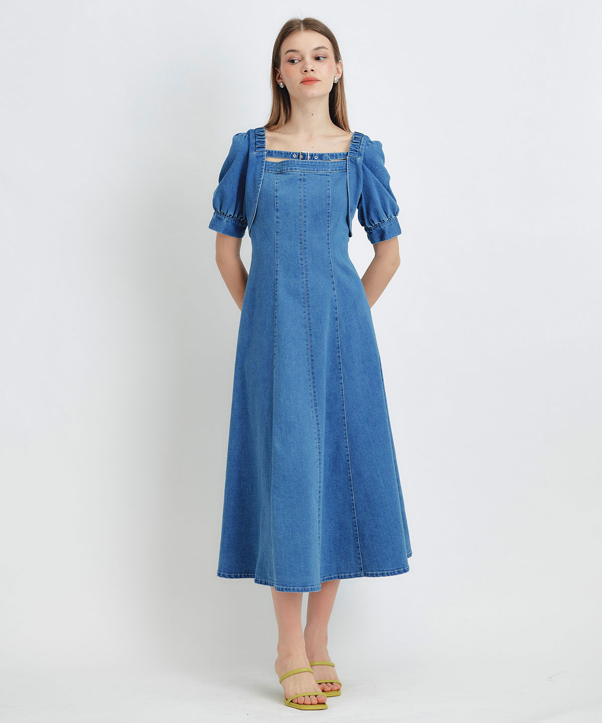 REDYAZEL「デコルテベルトデニムフレアロングワンピース」|ワンピース|