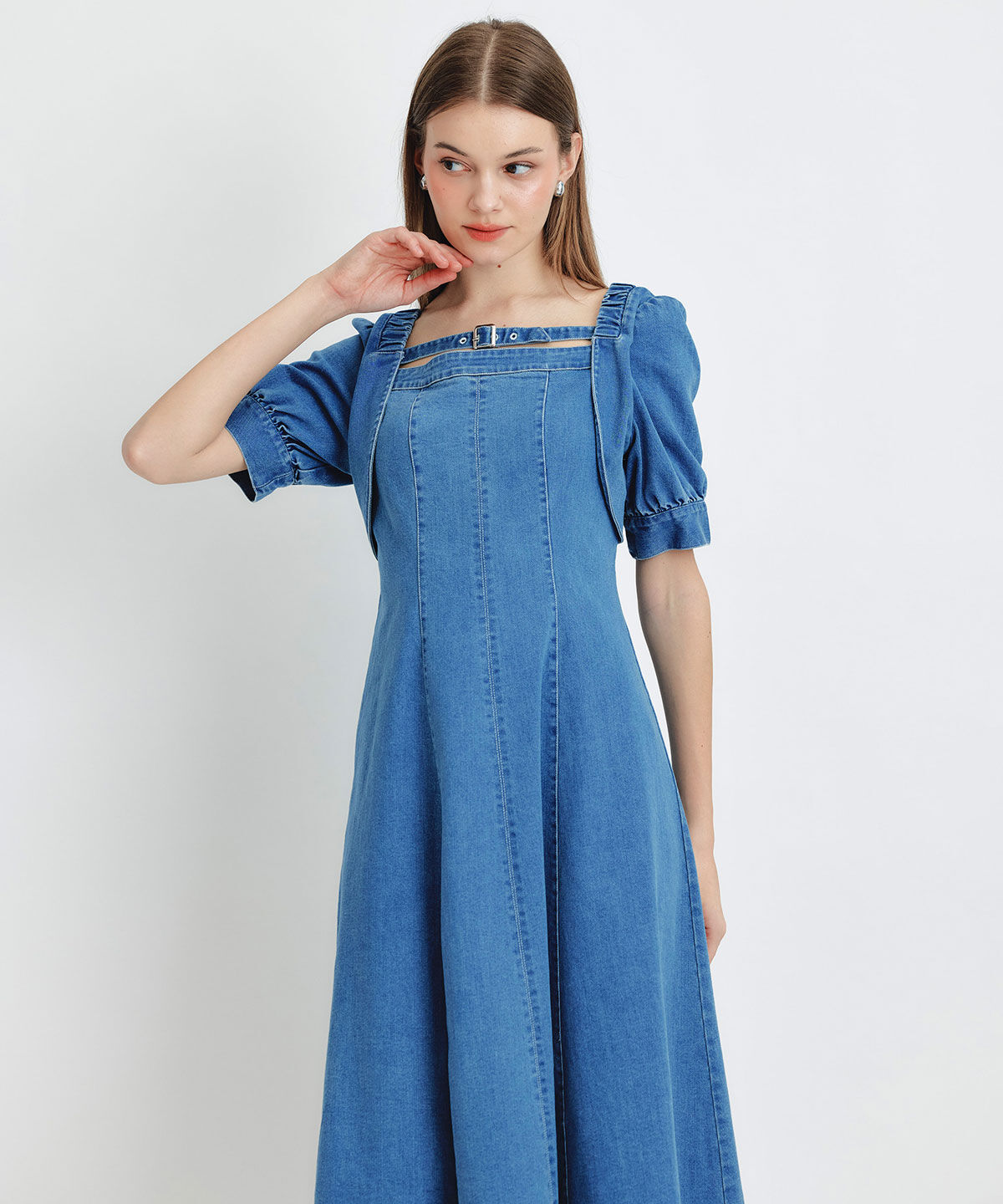 REDYAZEL「デコルテベルトデニムフレアロングワンピース」|ワンピース|