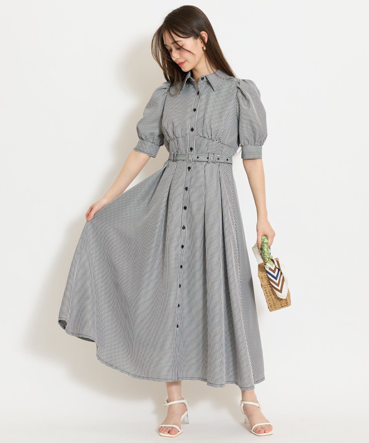 WILLSELECTION「ベルト付きタックスリーブフレアワンピース」|ワンピース|黒系チェック