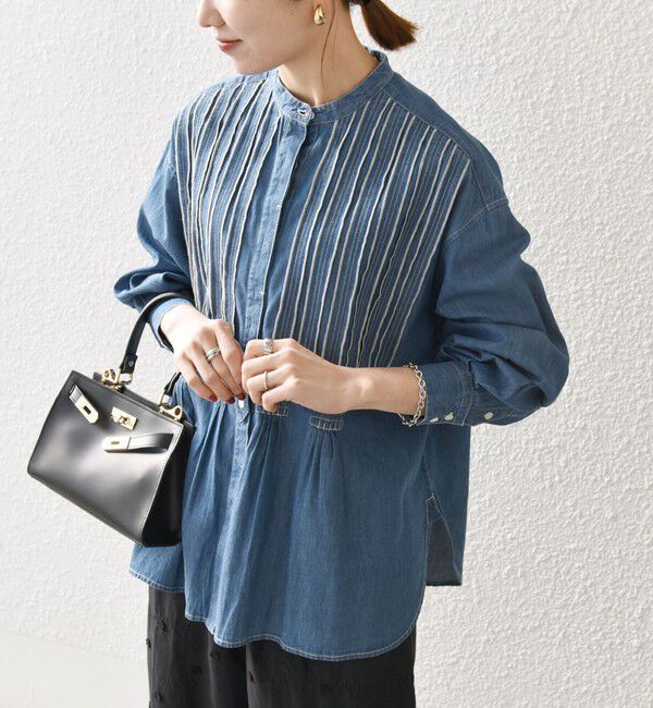 SHIPS any「SHIPS any:〈洗濯機可能〉デニム シーム バンドカラー シャツ ブラウス」|シャツ・ブラウス|