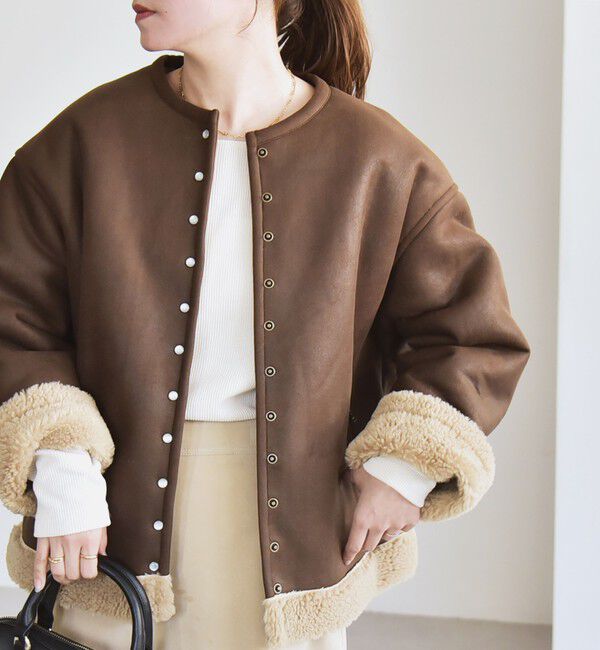 quaranciel「quaranciel: ムートンライク ボア ボンディング ノーカラー スナップ ブルゾン」|その他|