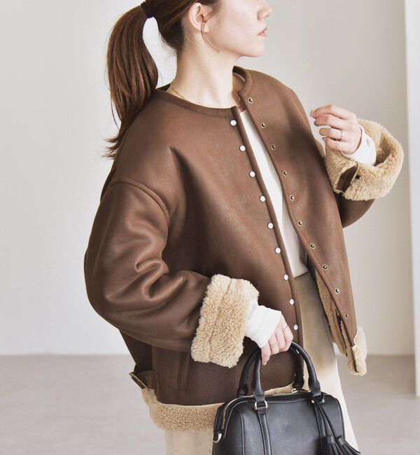 quaranciel「quaranciel: ムートンライク ボア ボンディング ノーカラー スナップ ブルゾン」|その他|