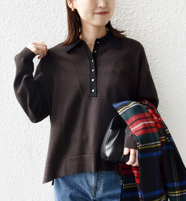 SHIPS for women「【WEB限定】〈手洗い可能〉サイド スリット ゴールド 釦 ポロ ニット」|ニット・セーター|