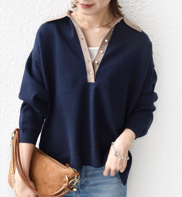 SHIPS for women「【WEB限定】〈手洗い可能〉サイド スリット ゴールド 釦 ポロ ニット」|ニット・セーター|