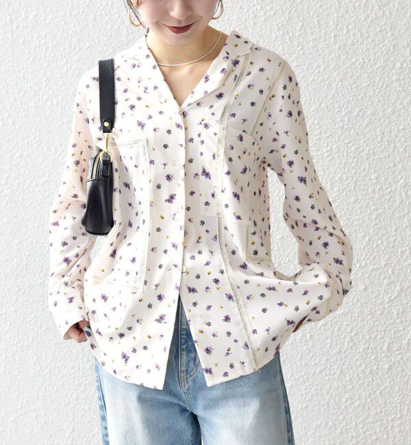 SHIPS any「SHIPS any:〈洗濯機可能〉フラワー プリント レース オープンカラー シャツ」|シャツ・ブラウス|ナチュラル