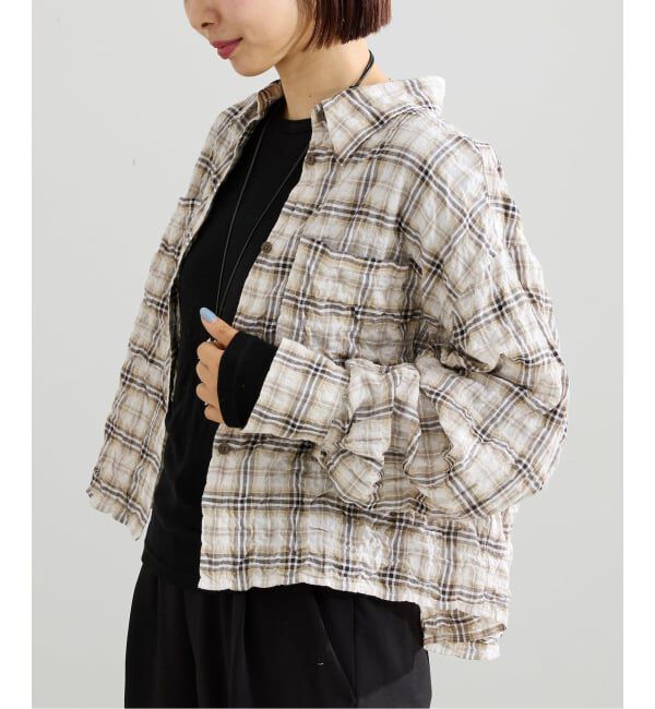IENA「《新色/追加》シャーリングチェックショートシャツ」|シャツ・ブラウス|ベージュ