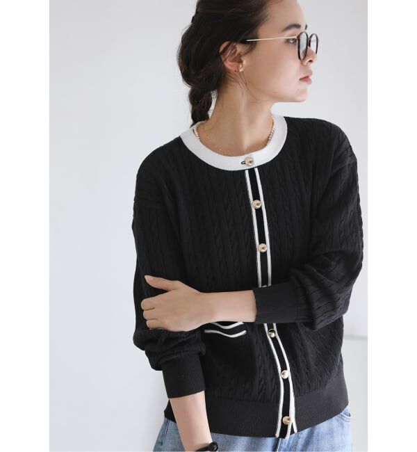  「【洗える】ケーブルニットカーディガン」|カーディガン|ブラック