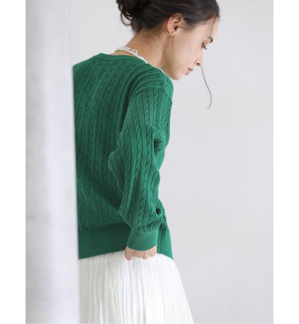  「【洗える】ケーブルニットカーディガン」|カーディガン|グリーン
