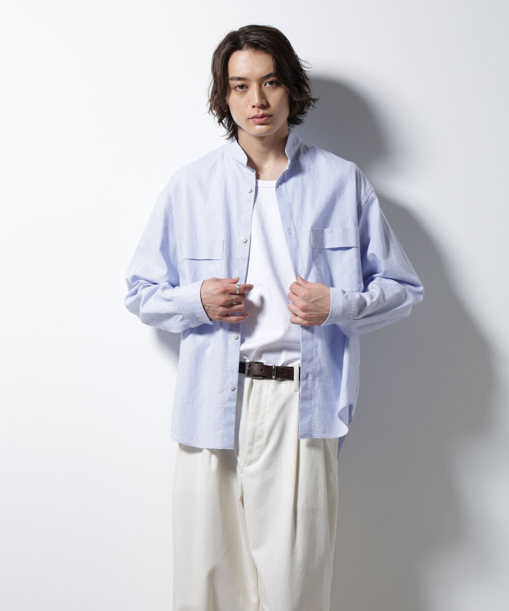 nano･universe「「BELGIUM LINEN FABRICS」リネンコットンスタンドカラーシャツ」|シャツ・ブラウス|L.ブルー1