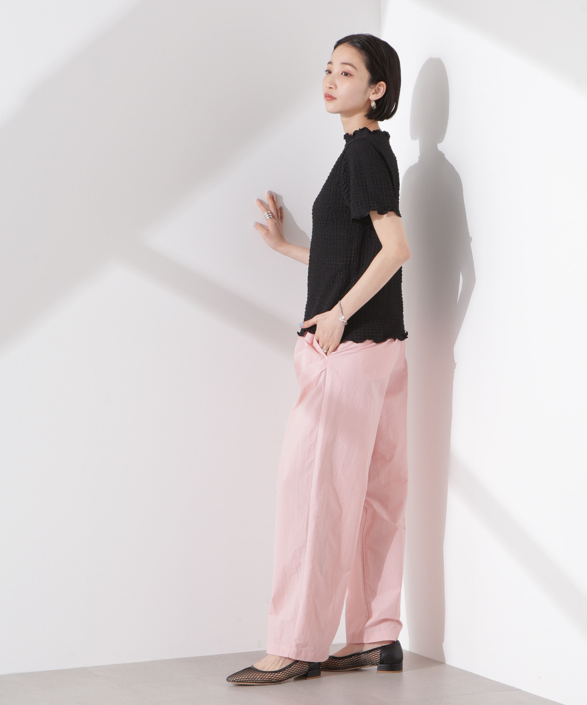 nano･universe「シャーリングジャガード半袖ナロートップス (セットアップ可)」|Tシャツ・カットソー|