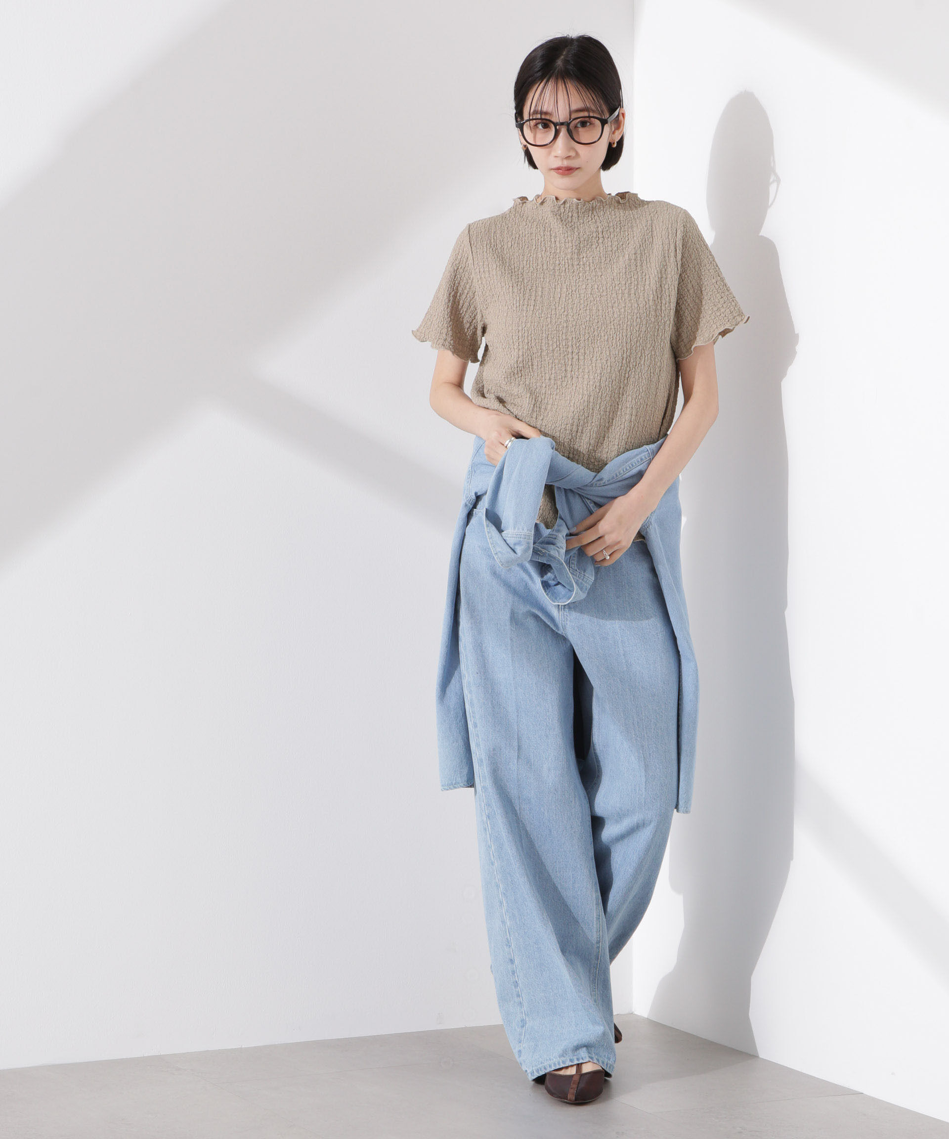 nano･universe「シャーリングジャガード半袖ナロートップス (セットアップ可)」|Tシャツ・カットソー|