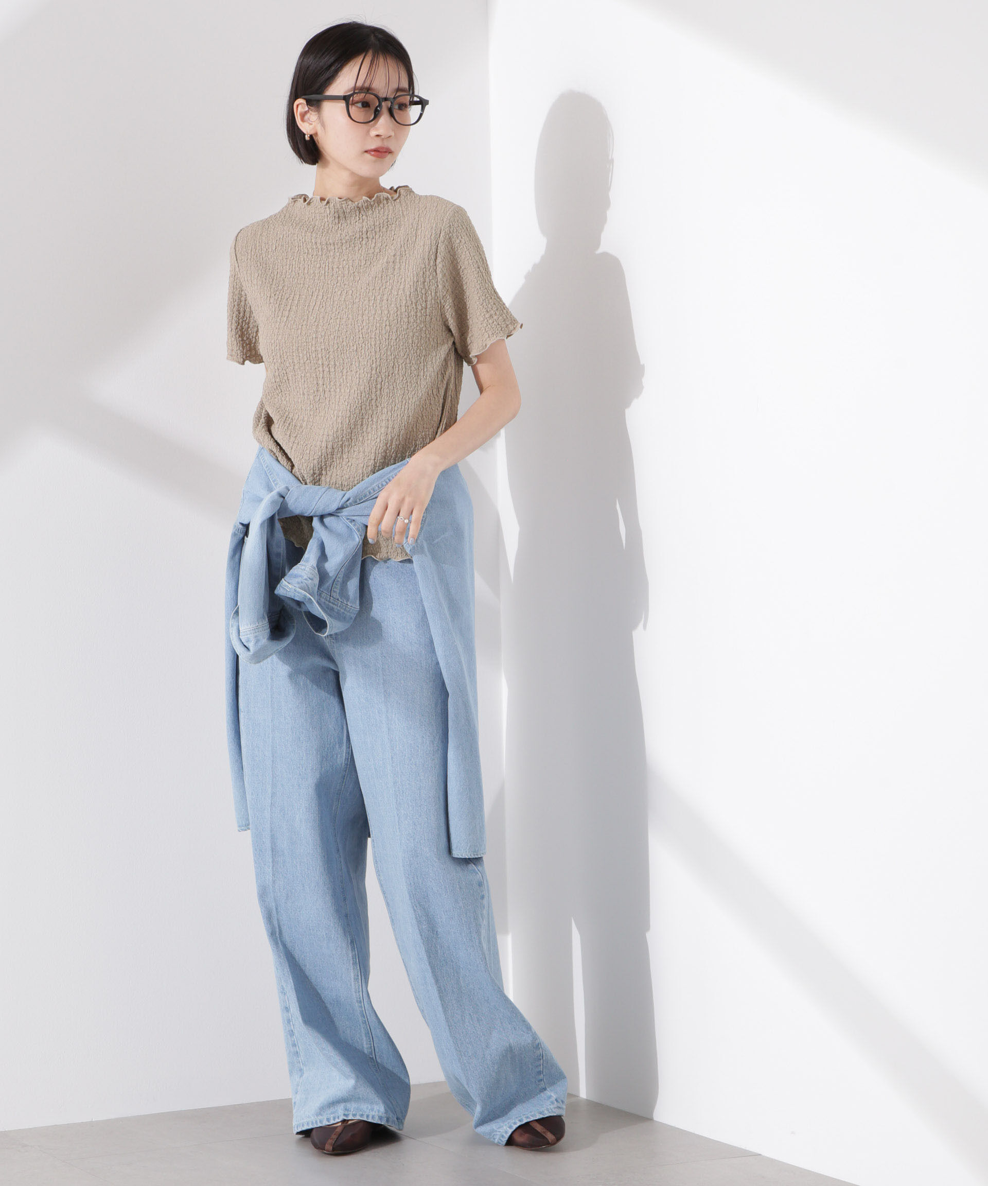 nano･universe「シャーリングジャガード半袖ナロートップス (セットアップ可)」|Tシャツ・カットソー|