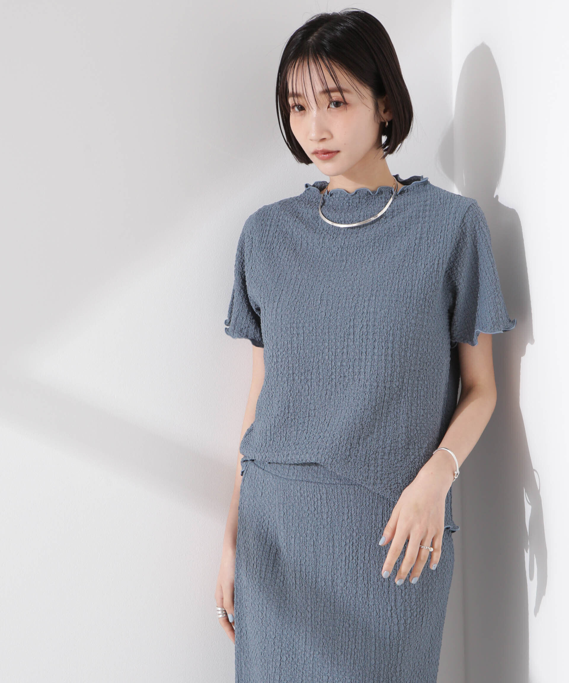 nano･universe「シャーリングジャガード半袖ナロートップス (セットアップ可)」|Tシャツ・カットソー|