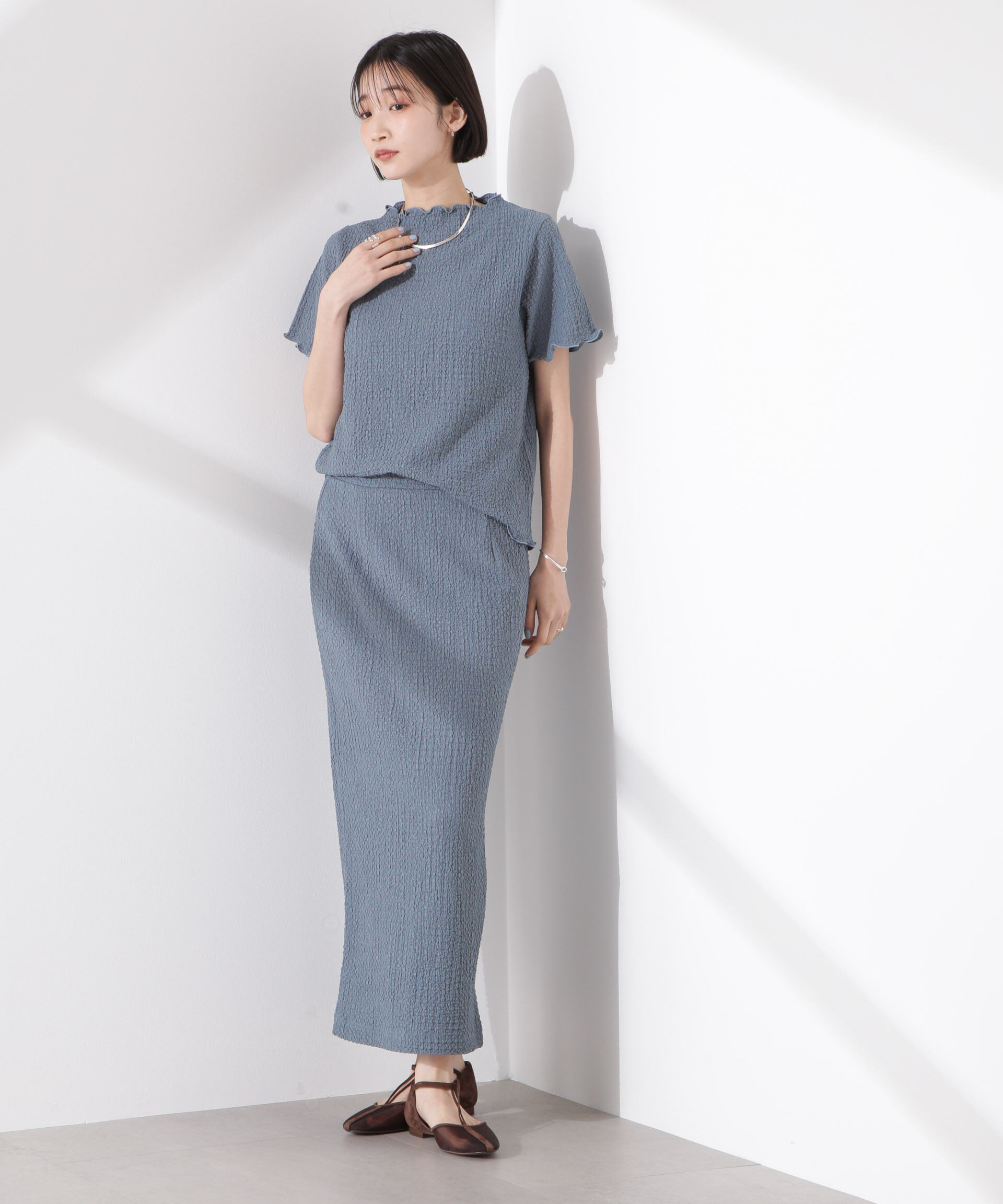 nano･universe「シャーリングジャガード半袖ナロートップス (セットアップ可)」|Tシャツ・カットソー|