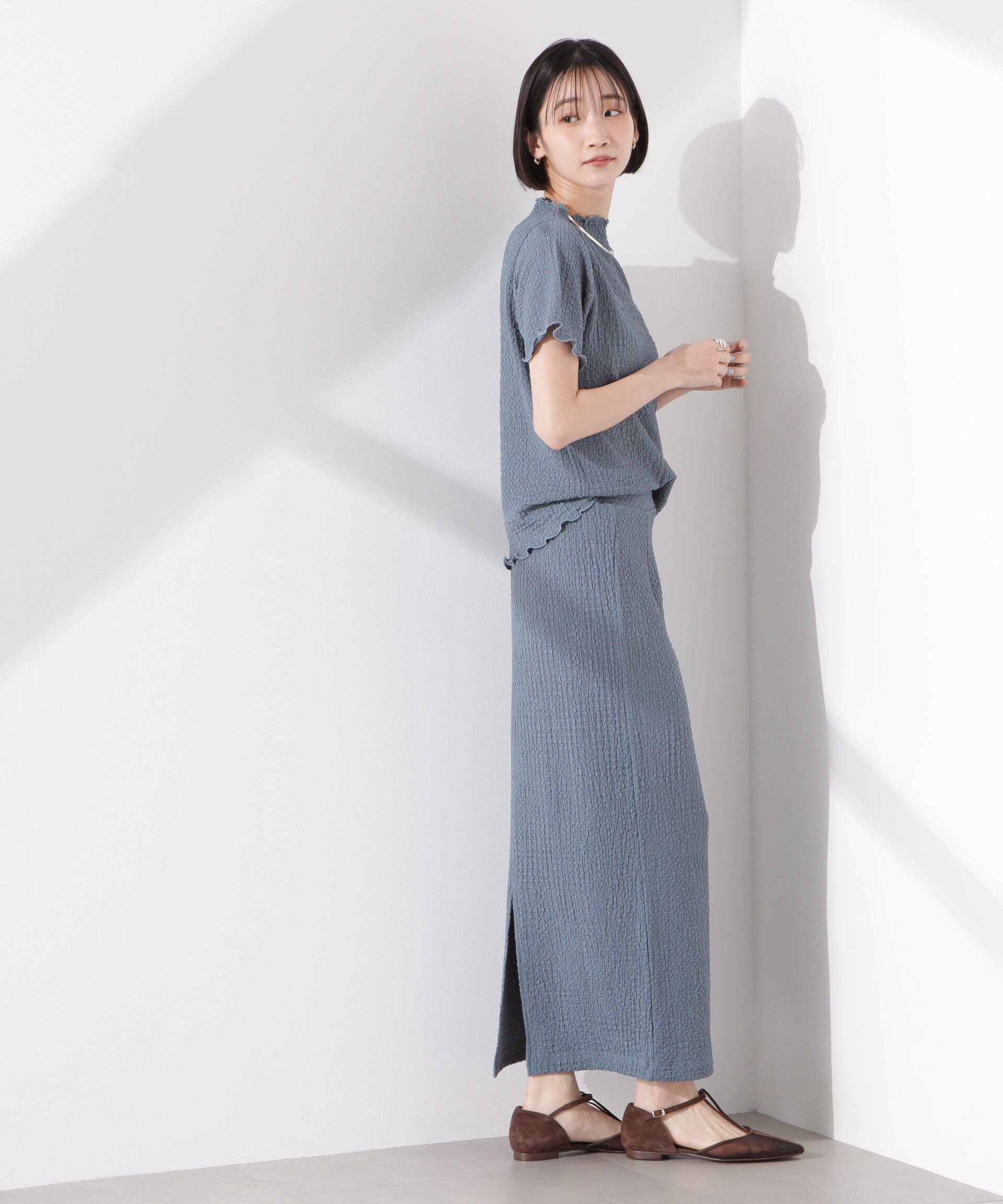 nano･universe「シャーリングジャガード半袖ナロートップス (セットアップ可)」|Tシャツ・カットソー|