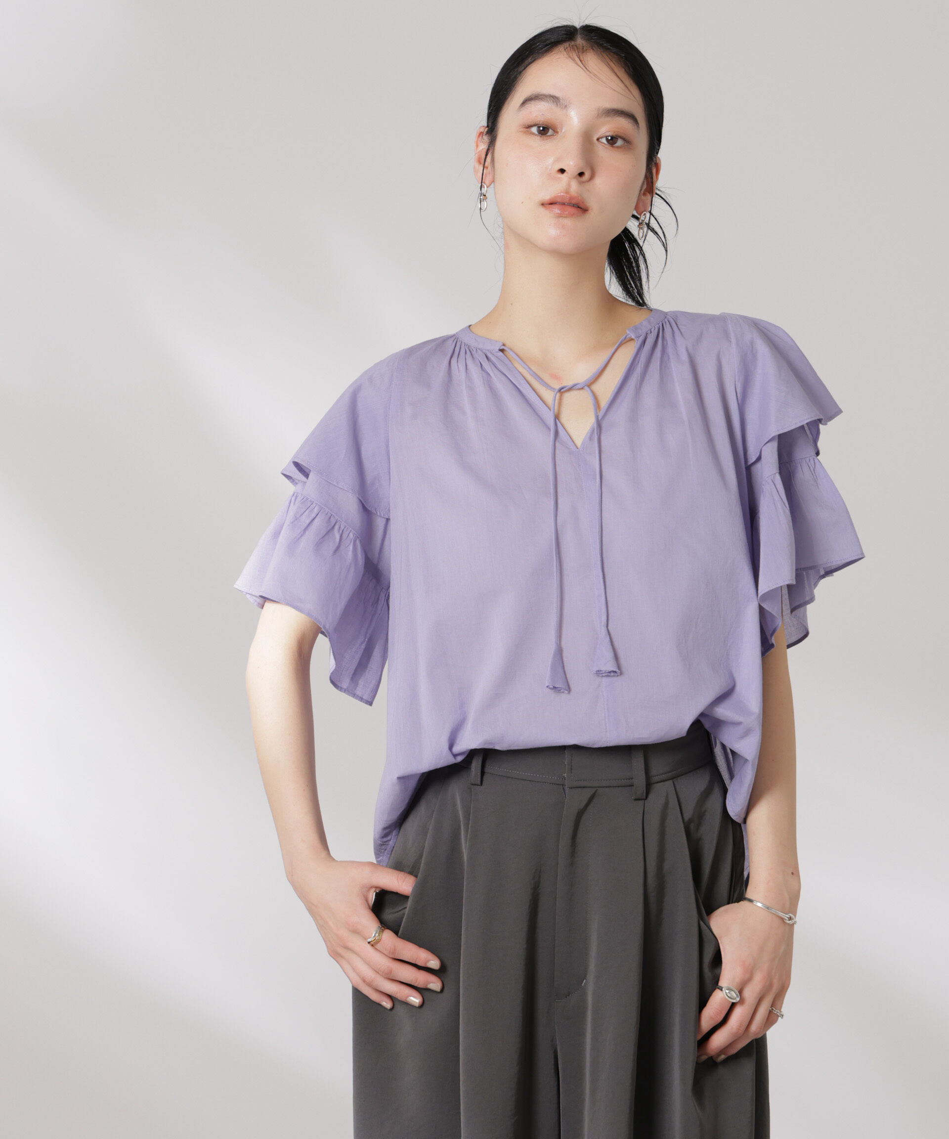 nano･universe「made in india コットンフリルスリーブブラウス」|シャツ・ブラウス|L.パープル1