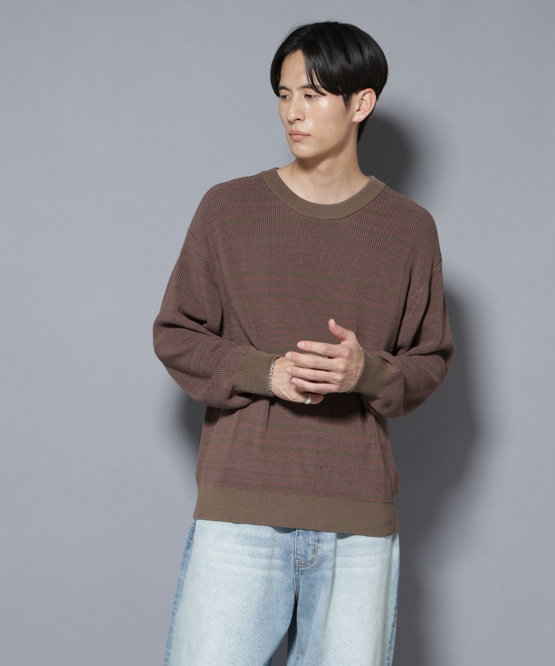 nano･universe「マーセライズコットン 畦ボーダークルーネックニット」|ニット・セーター|