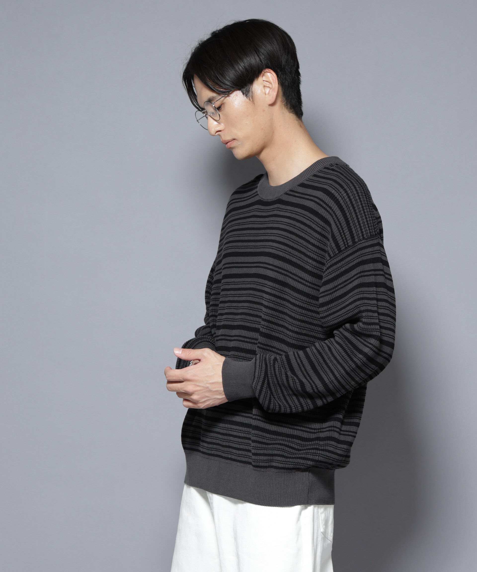 nano･universe「マーセライズコットン 畦ボーダークルーネックニット」|ニット・セーター|パターン21