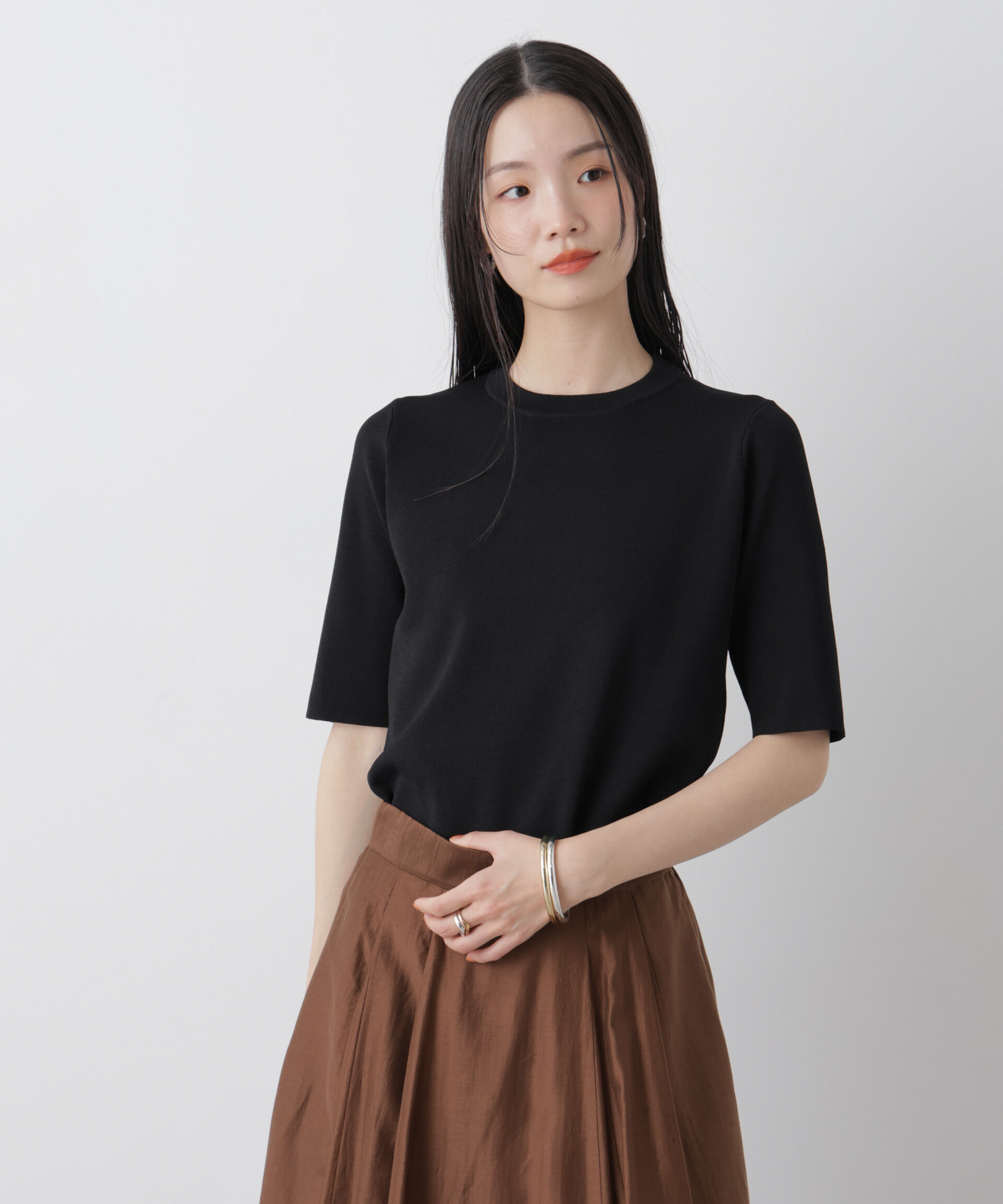 nano･universe「洗濯機洗い可UVカット接触冷感半袖ニット」|ニット・セーター|ブラック