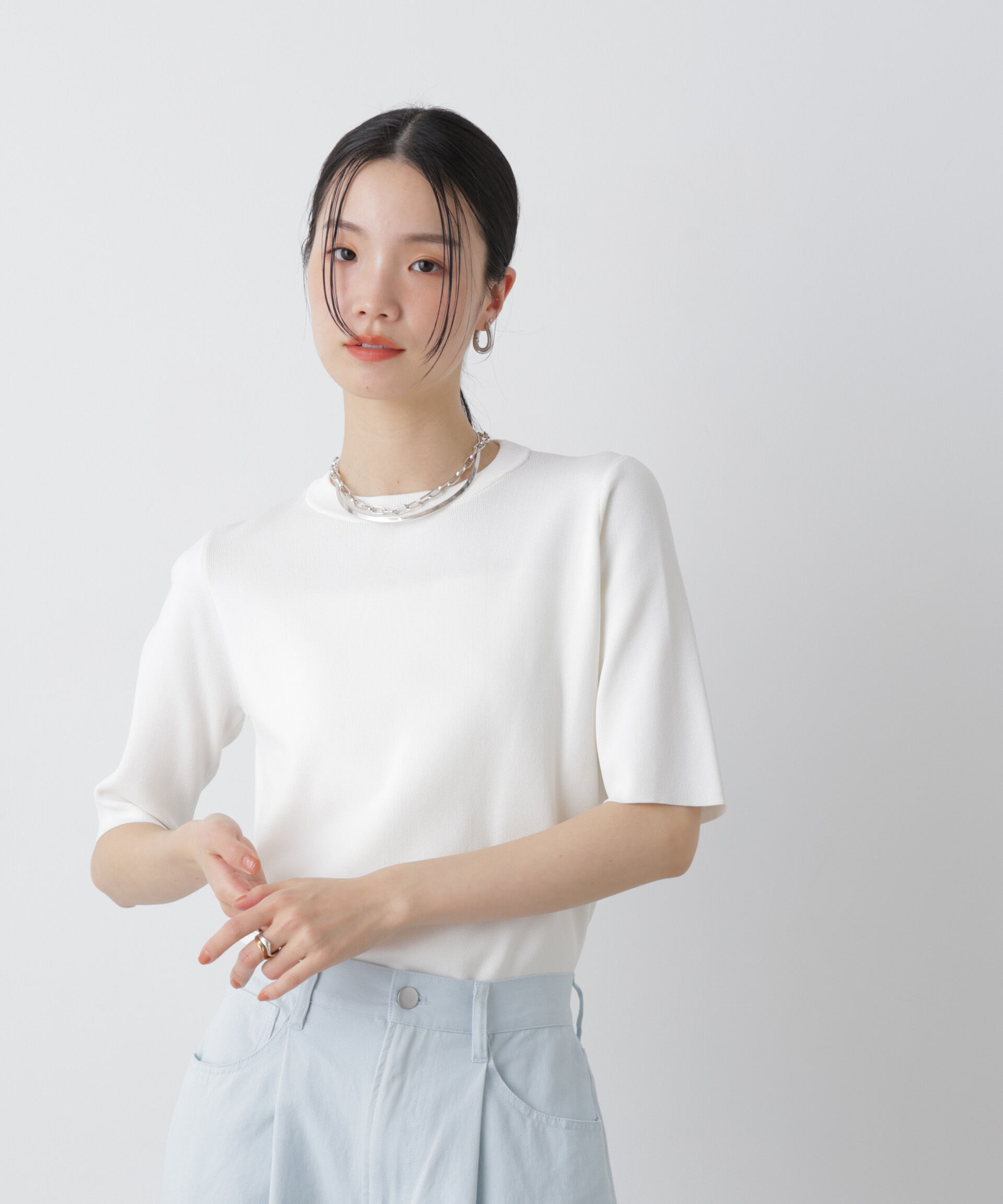 nano･universe「洗濯機洗い可UVカット接触冷感半袖ニット」|ニット・セーター|ホワイト