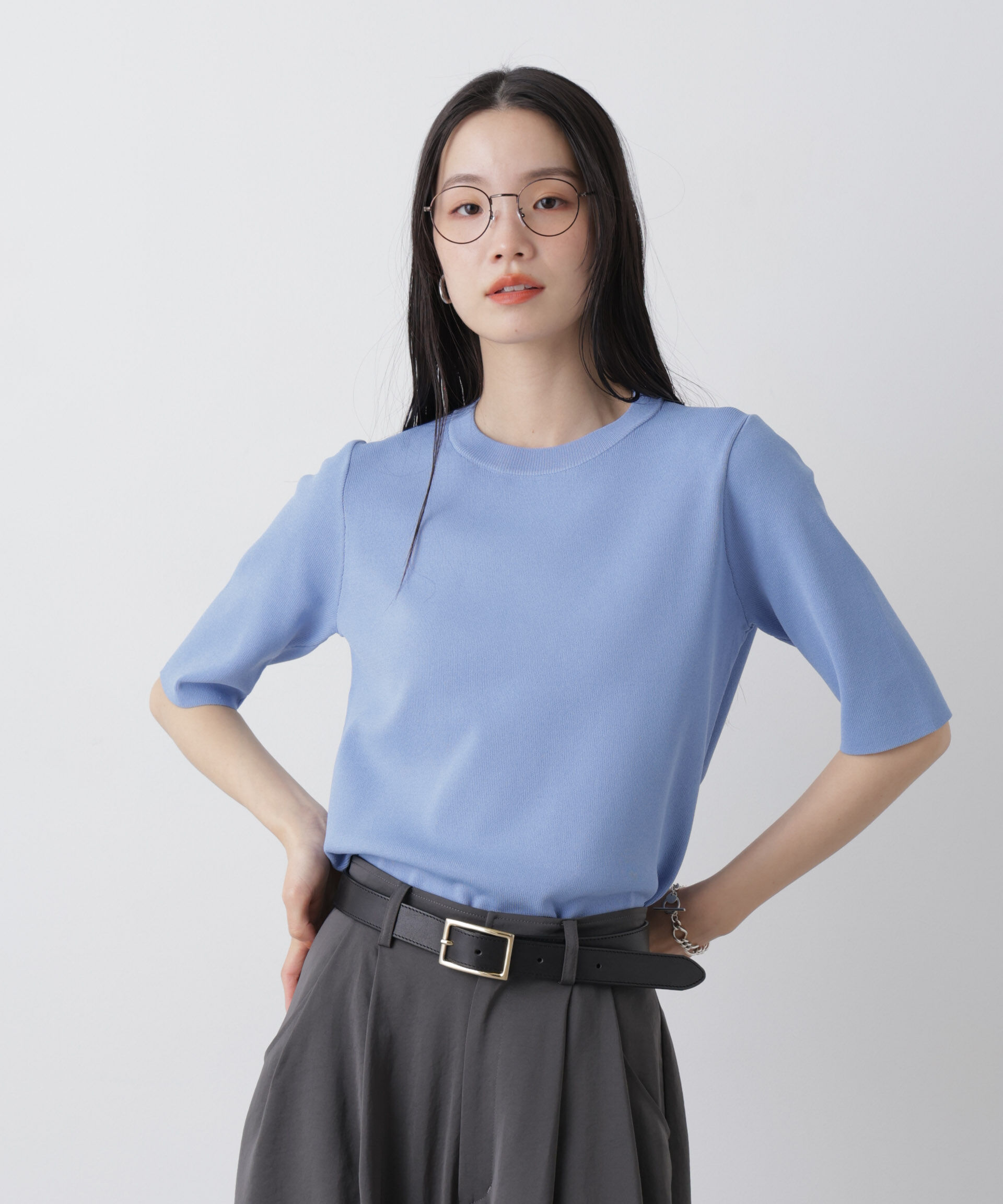 nano･universe「洗濯機洗い可UVカット接触冷感半袖ニット」|ニット・セーター|ブルー