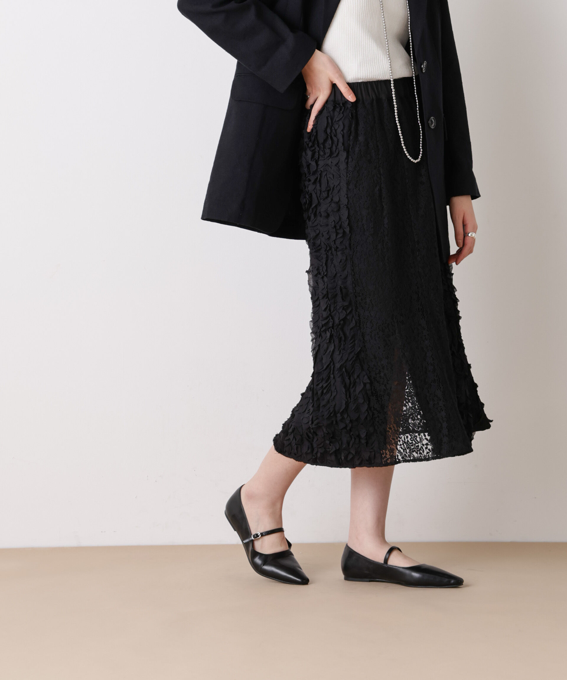 nano･universe「「STEVELOUR」パターンレーススカート」|スカート|ブラック