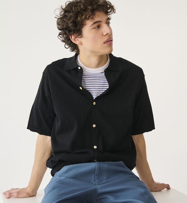  「RYE TENDER | 半袖 ニットシャツ MEN」|ポロシャツ|BLACK