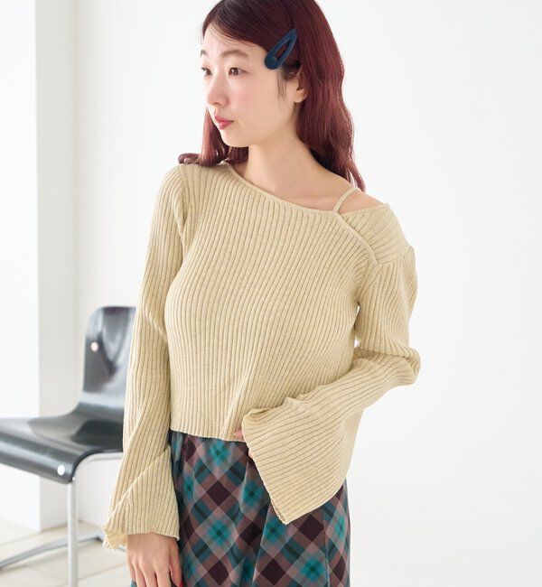  「【ボーダー＆無地】フレアスリーブリブニット」|ニット・セーター|アイボリー