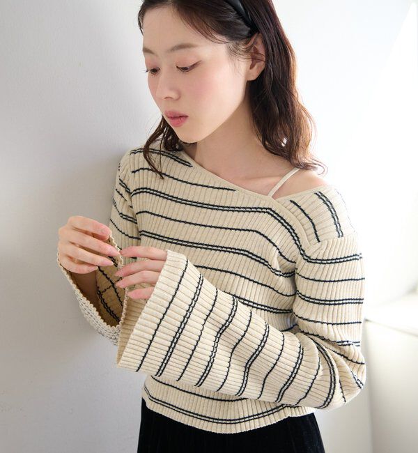  「【ボーダー＆無地】フレアスリーブリブニット」|ニット・セーター|
