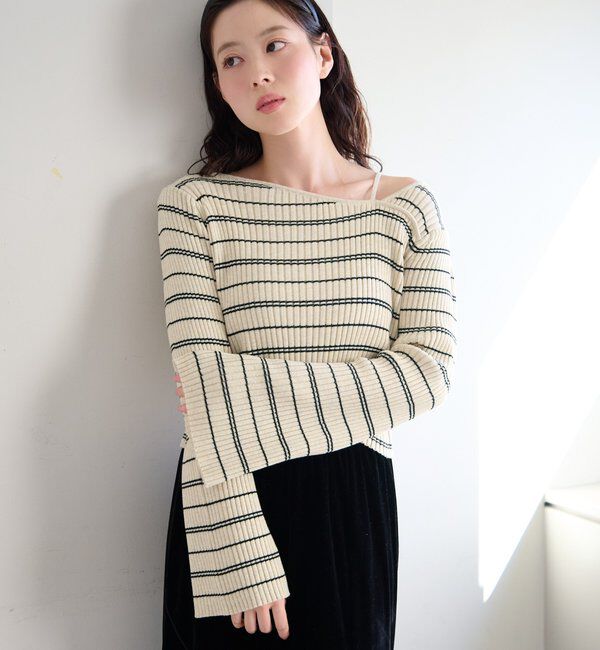  「【ボーダー＆無地】フレアスリーブリブニット」|ニット・セーター|