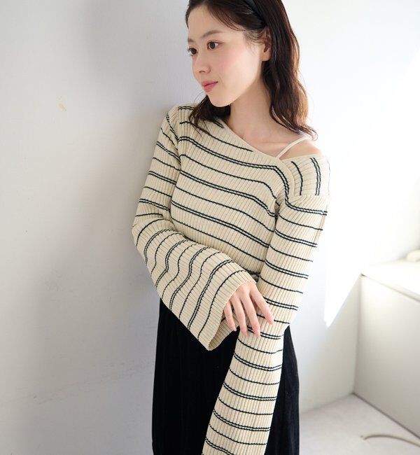 「【ボーダー＆無地】フレアスリーブリブニット」|ニット・セーター|