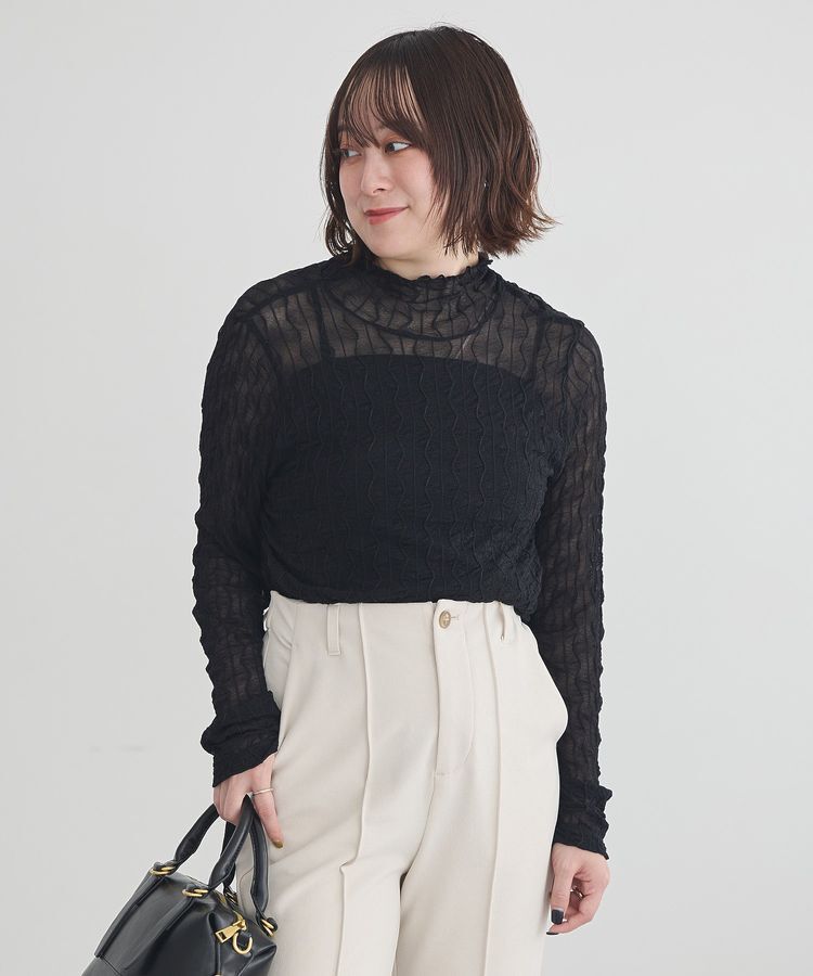 earth music&ecology「ハイネックシアーうねうねプルオーバー」|Tシャツ・カットソー|Black