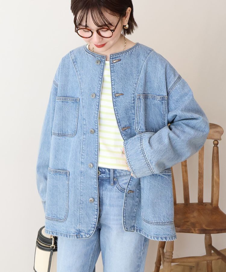AMERICAN HOLIC「ノーカラーデニムカバーオール」|テーラードジャケット|Light indigo
