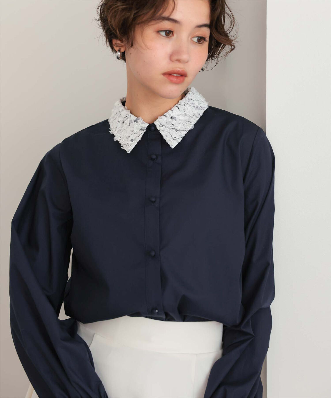 titivate「レース襟付デザインシャツ」|シャツ・ブラウス|ネイビー