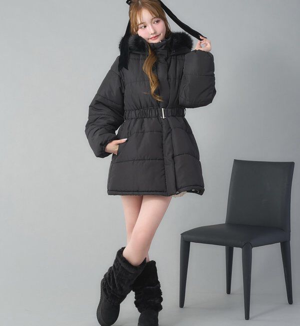  「ベルト付きフェイクファーフードフェイクダウン」|その他|