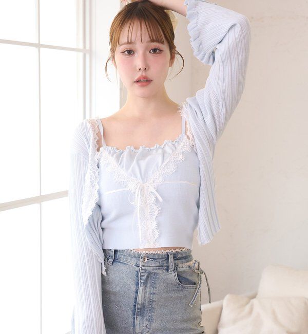  「レース付きリブカーディガン」|ニット・セーター|サックスブルー